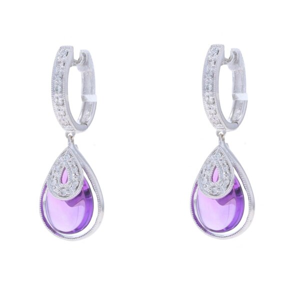 14K White Gold Amethyst and Diamond Dangle Earrings For Sale  White Gold Amethyst Diamond Earrings - 14k Amethyst Cabochon 3.52ctw Pierced